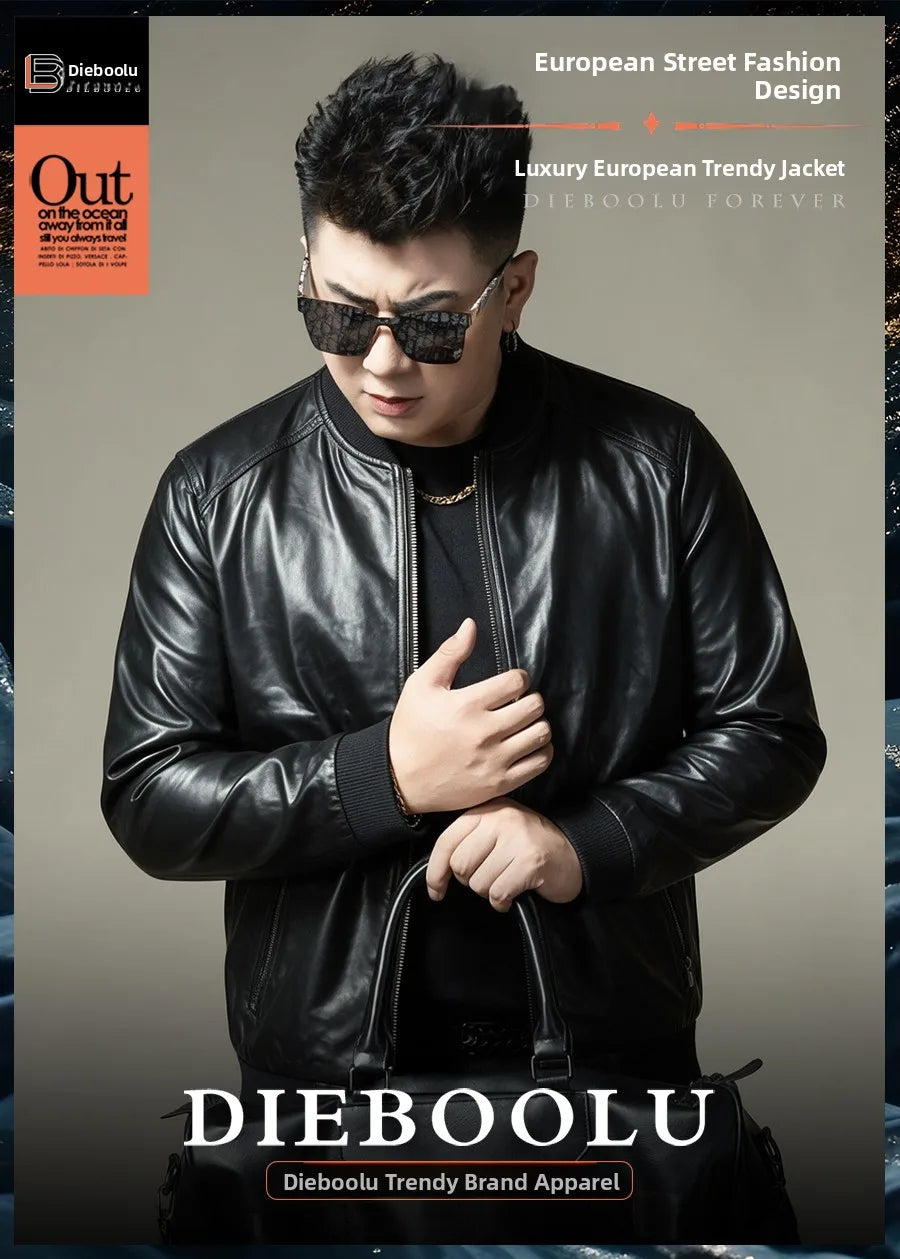 2026 Autumn New Men's Baseball Collar Biker Style Casual Leather Jacket High End Fashion Outerwear Slim Fit Long Sleeve Zipper