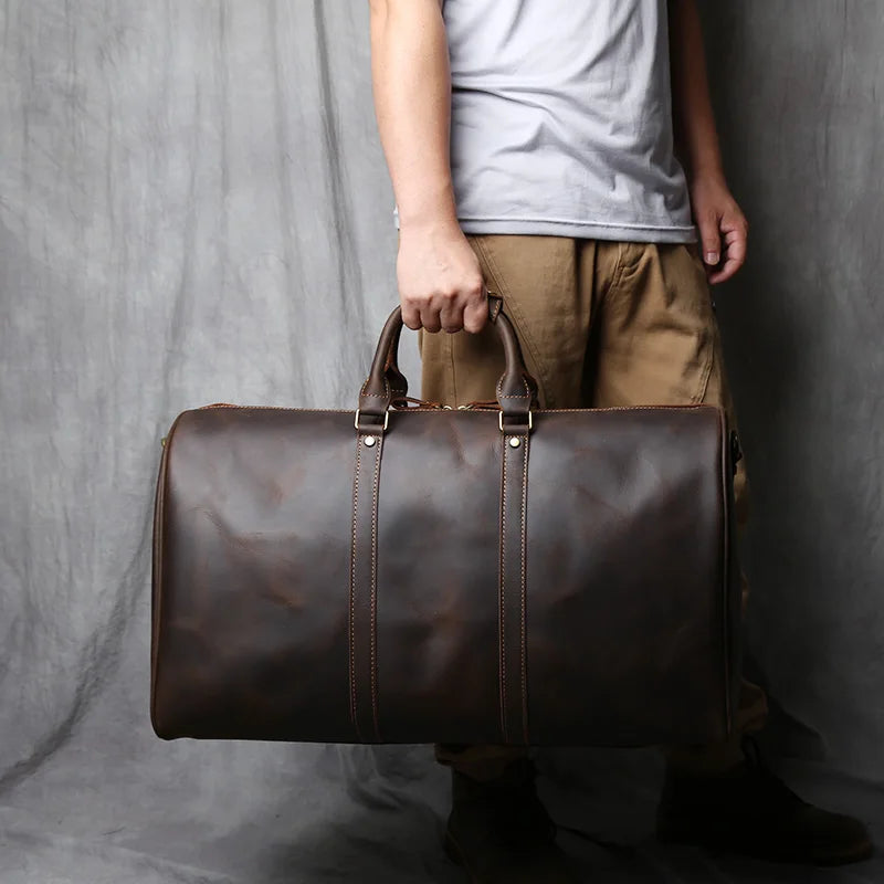 NZPJ Vintage Genuine Leather Men's Travel Bag Large Capacity Crazy Horse Leather Handbag Natural Cowhide Shoulder Crossbody Bag