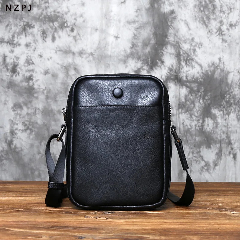 NZPJ Genuine Leather Men's Shoulder Bag, Top Layer Cowhide Crossbody Bag, Fashionable Men's Bag, Vertical Mobile Phone Bag
