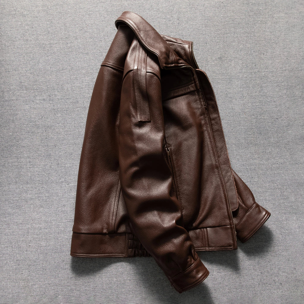 Men's Brown Leather Jacket  Vintage Flight Jacket with Stand Collar, Military Style, Front Zipper, Sleeve Pocket, Ribbed Hem
