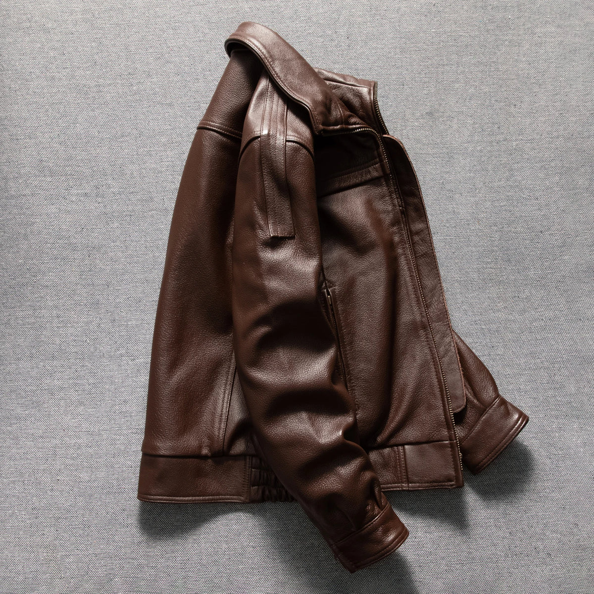 Men's Brown Leather Jacket  Vintage Flight Jacket with Stand Collar, Military Style, Front Zipper, Sleeve Pocket, Ribbed Hem