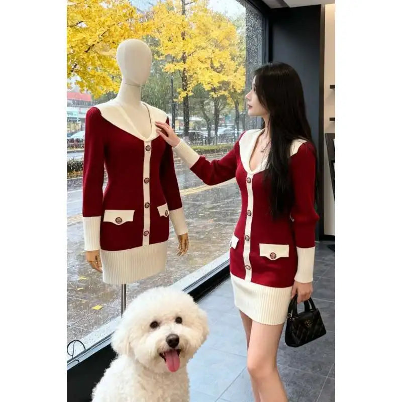 Elegant Knitted Wrap Dress Hepburn Style High Collar Button Slim Fit mid Length Polyester Fabric Commute Style Long Sleeve
