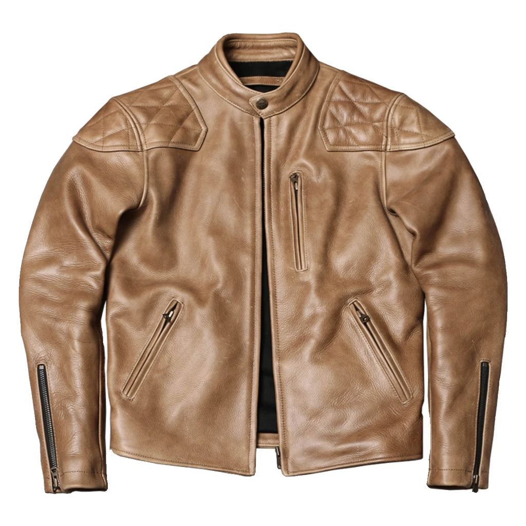 Light Brown Winter Leather Jacket Men Sprots Style Plus Size 5XL Genuine Natural Thick Cowhide Stand Collar Slim Leather Coat