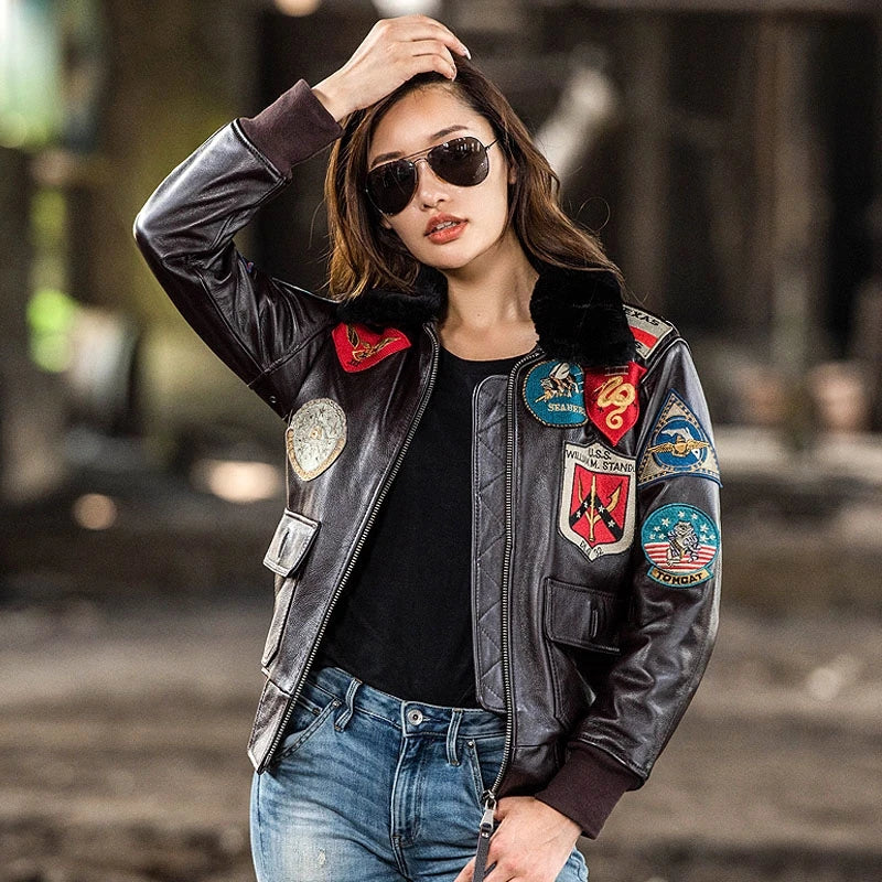 Women Winter Leather Jacket Military Style Genuine Natural Thick Cowhide Wool Turn-Down Collar Dark Brown G1 Flight Coat