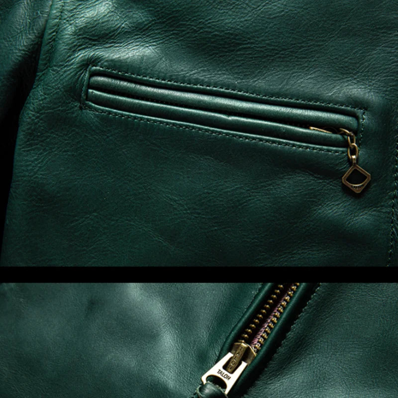 Green Winter Leather Jacket Men Vintage Style Plus Size 5XL Genuine Natural Thick Horsehide Stand Collar Slim Fit Leather Coat