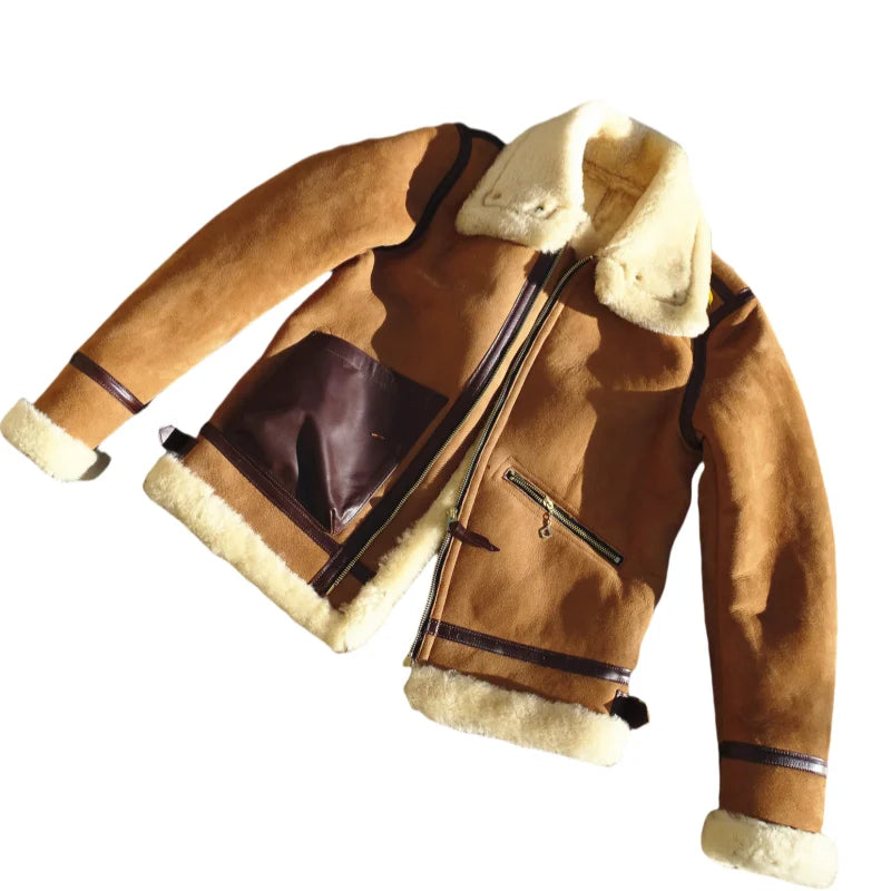 Light Brown Winter Shearling Jacket Men Retro Style Plus Size 4XL Genuine Natural Thick Sheepskin Warm Leather Coat