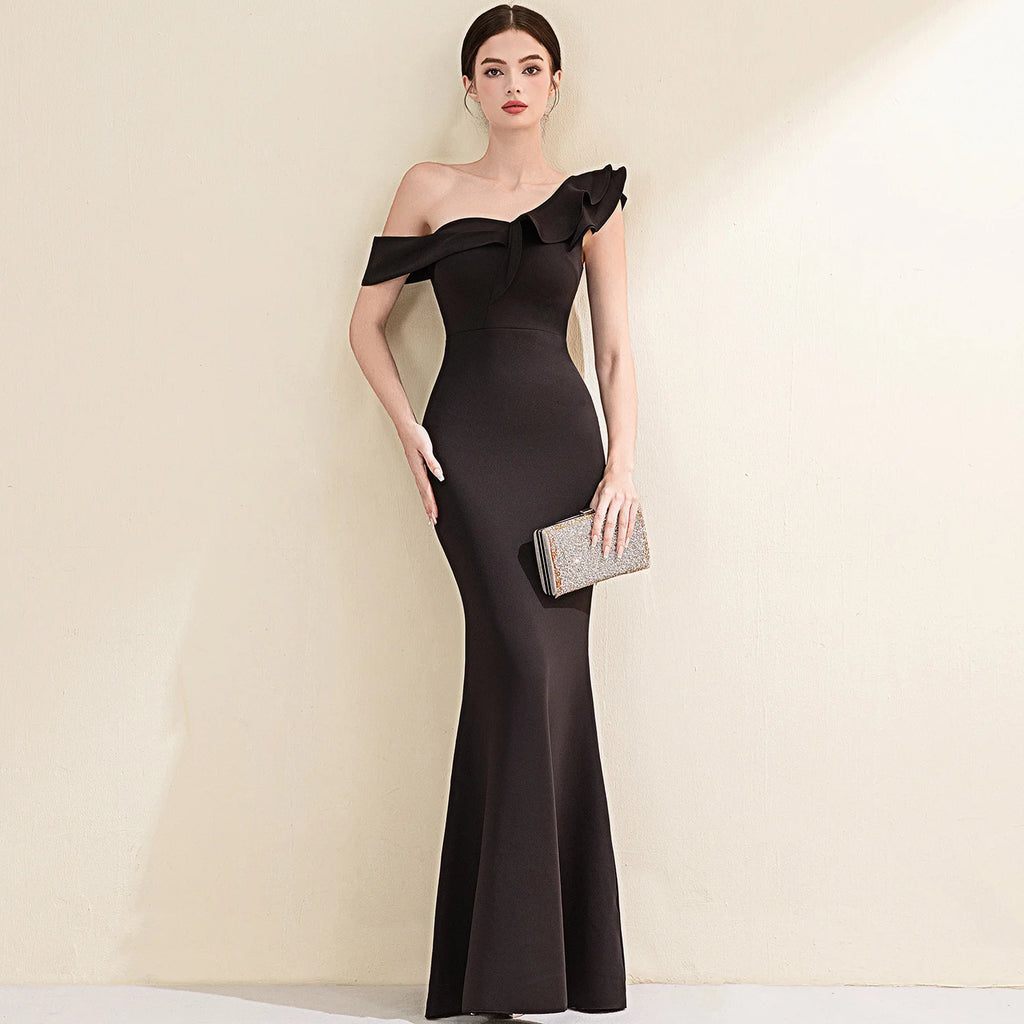 Elegant Evening Gown Slimming Fish Tail Dress Fashionable Shoulder Bared Polyester Long Sleeve High Waist Party Dress
