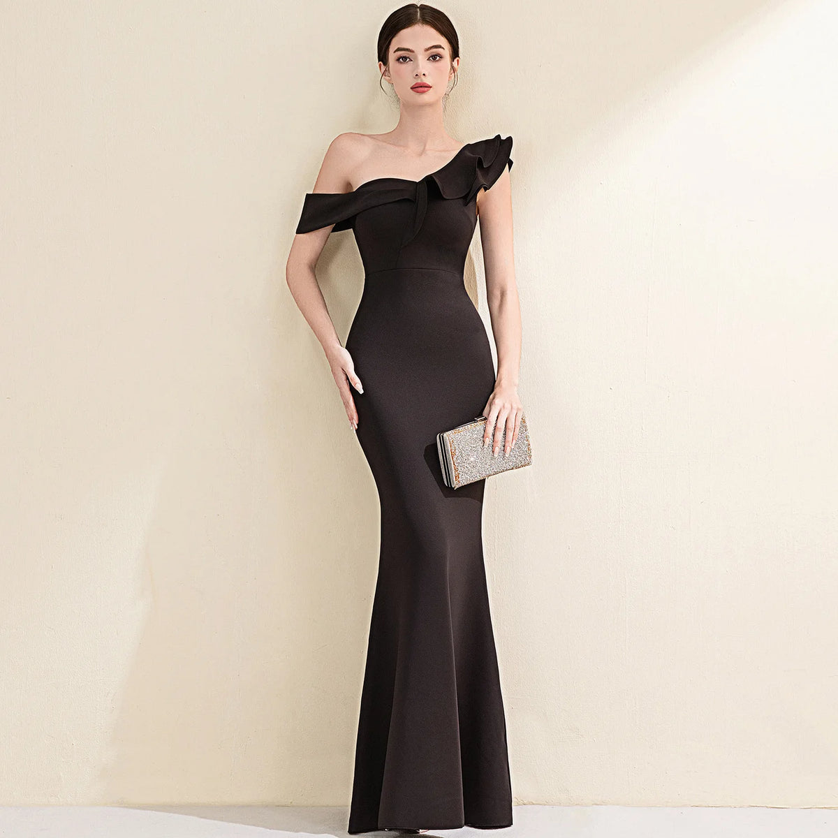 Elegant Evening Gown Slimming Fish Tail Dress Fashionable Shoulder Bared Polyester Long Sleeve High Waist Party Dress