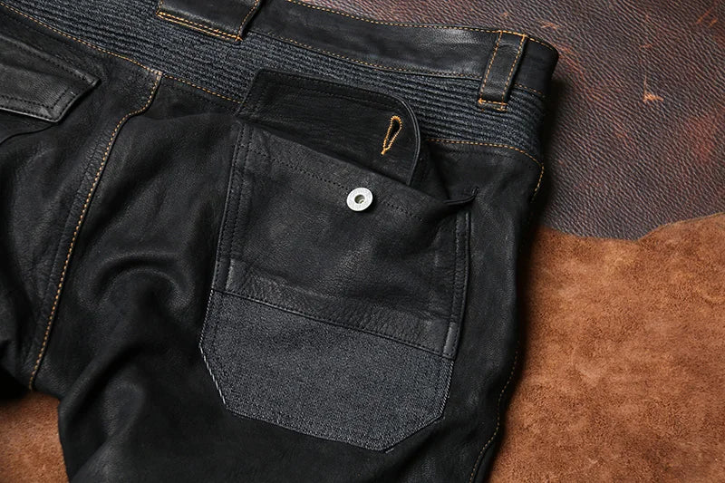 Black Spring Leather Trousers Men Retro Style Plus Size 4XL Genuine Natural Sheepskin Add Protection Device Motorcycle Pants