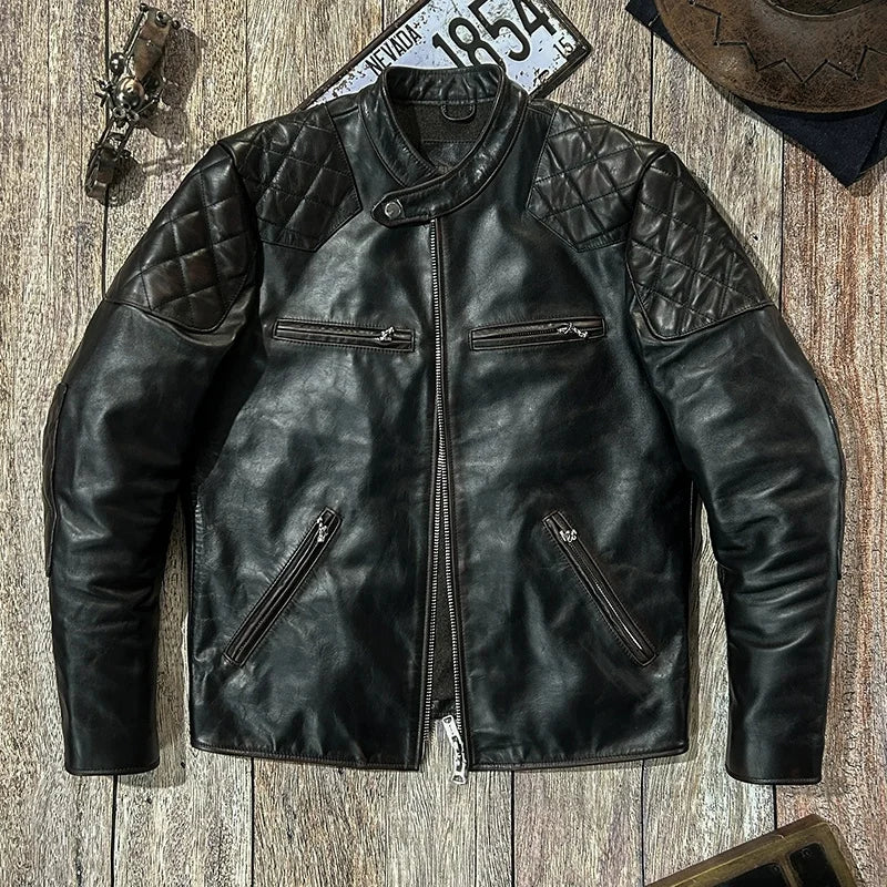 Black Winter Leather Jacket Men Vintage Style Plus Size 5XL Genuine Natural Cowhide Stand Collar Slim Fit Leather Coat