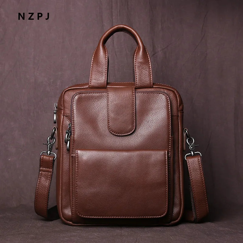 New Leather Men's Handbag Top Layer Cowhide Vertical Briefcase Retro Men's One-Shoulder Messenger Bag 12 Inch Ipad Bag NZPJ