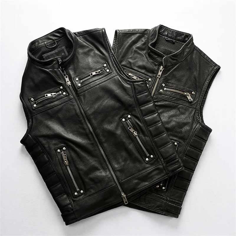 Red Brown Spring Leather Vest Men Retro Style Plus Size 4XL Genuine Natural Cowhide Stand Collar Motorcycle Sports Rivets Vest