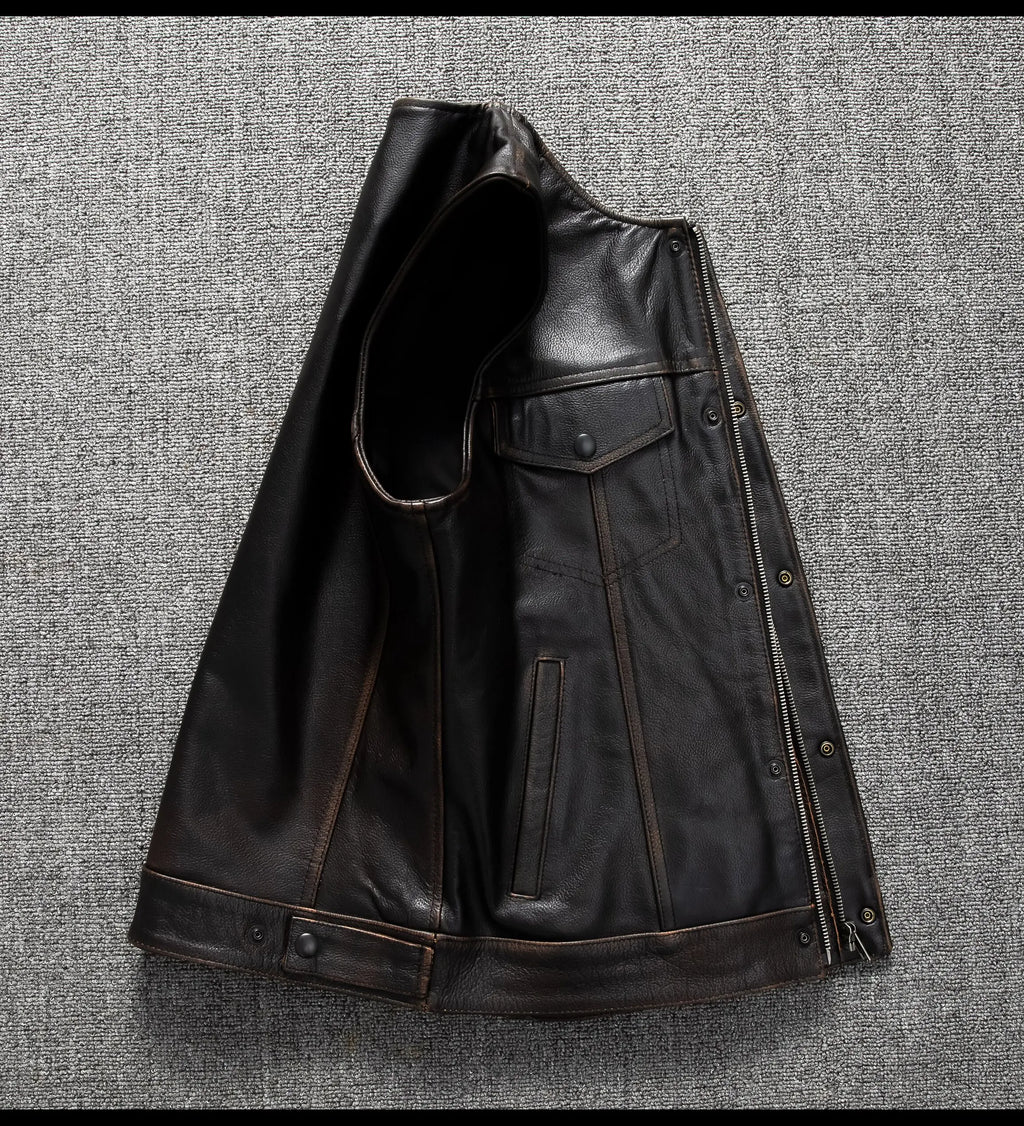 Red Brown Spring Leather Vest Men Retro Style Plus Size 6XL Genuine Natural Cowhide O-Neck Collar Slim Fit Short Sleeveless Coat