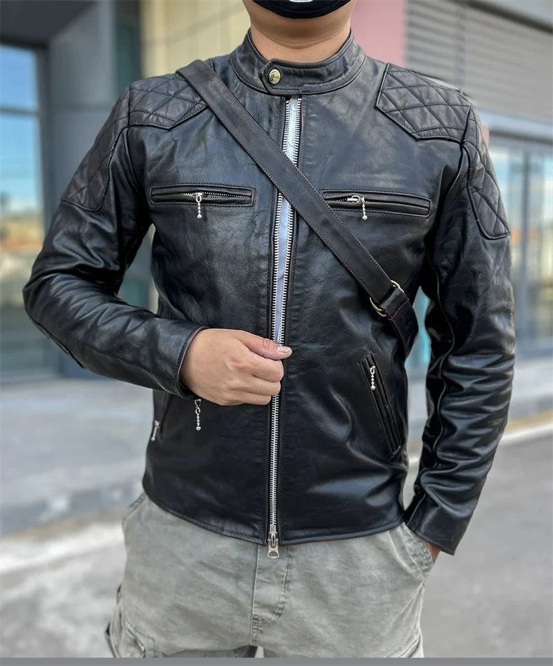 Black Winter Leather Jacket Men Vintage Style Plus Size 5XL Genuine Natural Cowhide Stand Collar Slim Fit Leather Coat