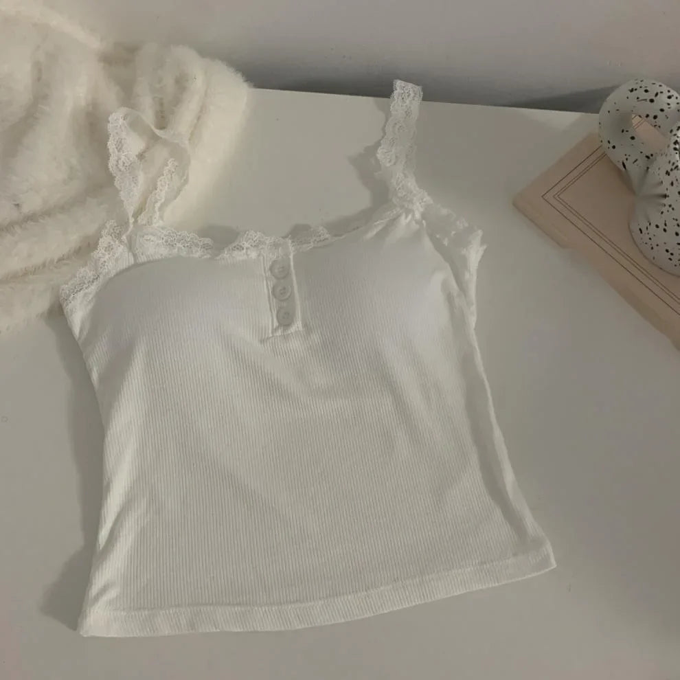 plus Size Lace Insert Camisole Tank Top with Chest Pad Inner Wear Outerwear Design Sense Bottoming Vest Big Size Women