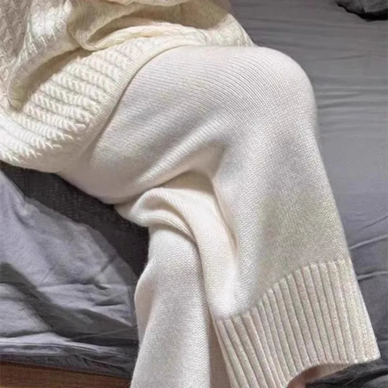 Gray Woolen Knitted Wide Leg Pants Women's Casual Straight Leg Sweatpants Small Size Comfortable Loose Fit Autumn Winter