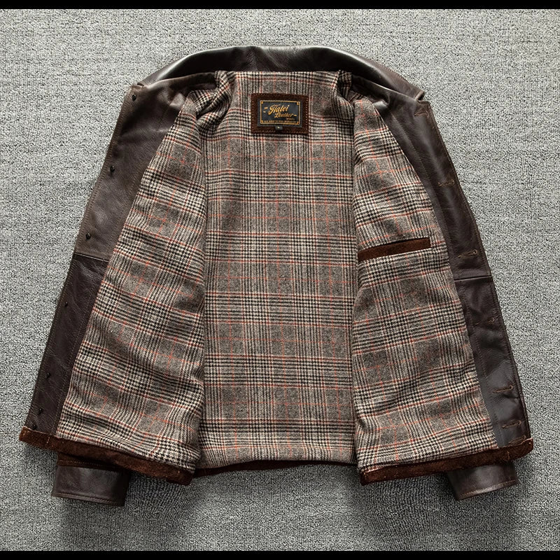 Red Brown Winter Leather Jacket Men Retro Style Plus Size 6XL Genuine Natural Cow Suede Turn-Down Collar Single Breasted Coat
