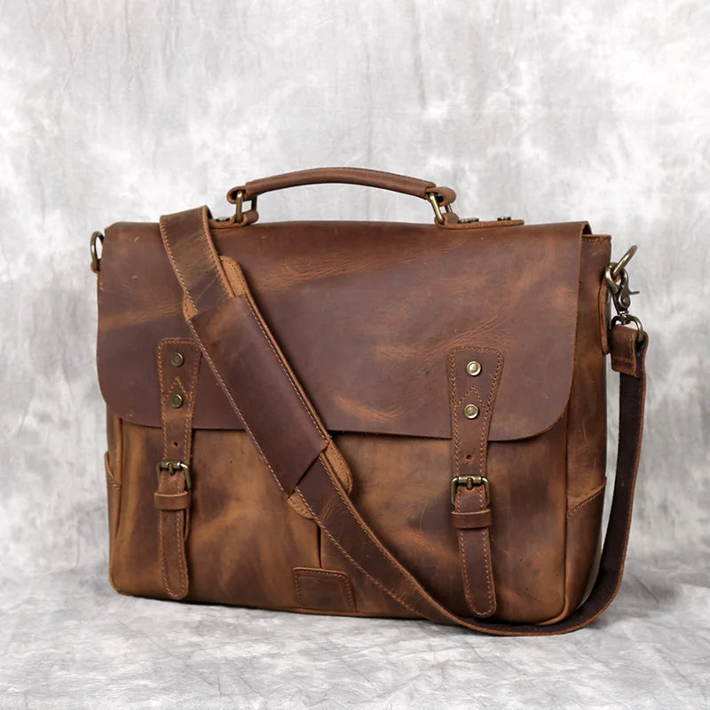 NZPJ Retro Leather Men's Handbag Top Layer Leather Horizontal Computer Bag Crazy Horse Leather Men Casual Shoulder Messenger Bag