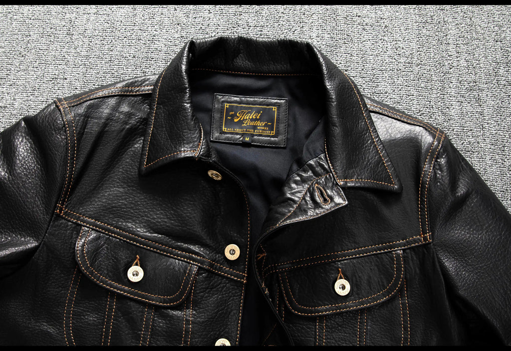 Men's Genuine Sheepskin Leather Trucker Jacket Black Type III Denim Cut Cream Contrast Stitch Brass Snap Short Casual Coat