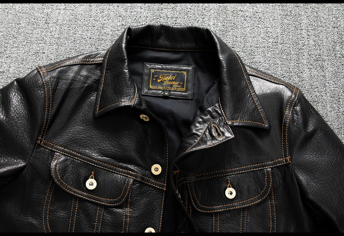 Men's Genuine Sheepskin Leather Trucker Jacket Black Type III Denim Cut Cream Contrast Stitch Brass Snap Short Casual Coat