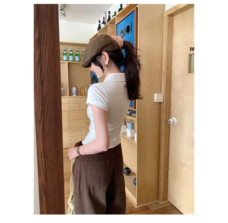 American Style Collared Short Sleeve T-Shirt Women Summer Slim Fit Flattering Short Length Fashionable Casual Commute Wear
