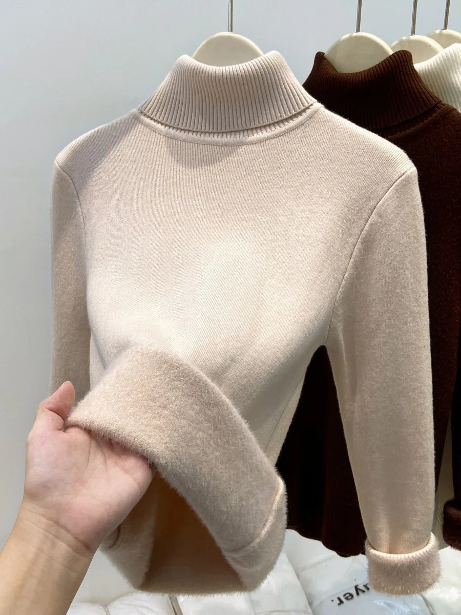 Thickened High Collar One-Piece Fleece Knitted Sweater Women Winter Slim Fit Inner Wear Fashionable Basic Style Base Shirt