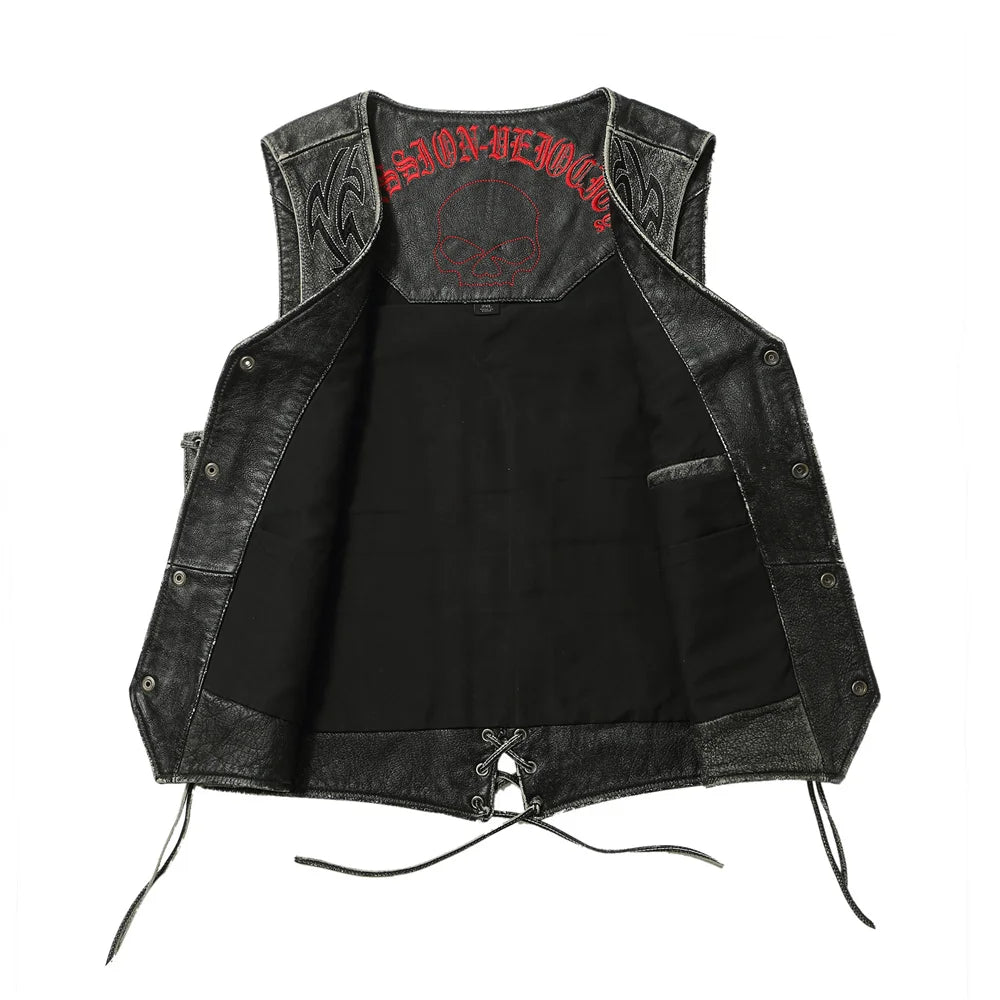 Black Spring Leather Vest Men Skull Embroidery Retro Style Plus Size 5XL Genuine Natural Cowhide Single Breasted Sleeveless Coat