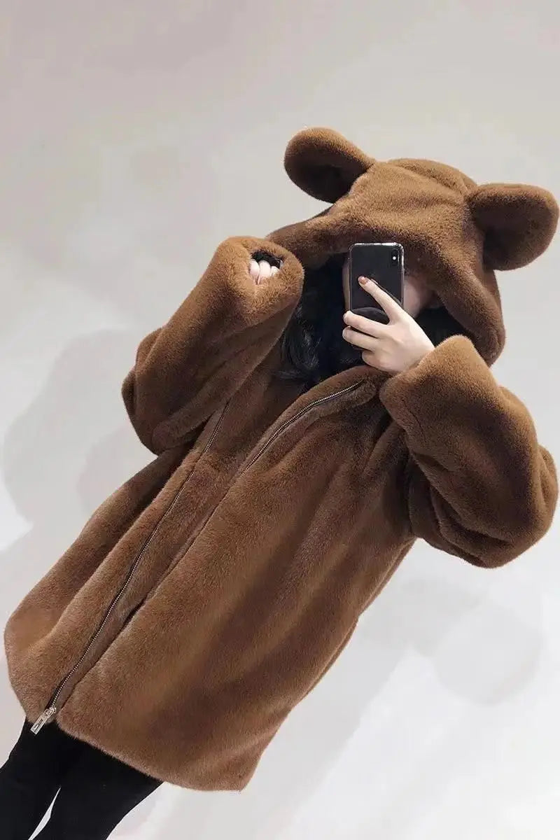 Autumn Winter Thickened Bear Ear Hooded Coat Women's Fashionable Fluffy Simulation Fur Jacket Cute Long-Line Casual Outfit