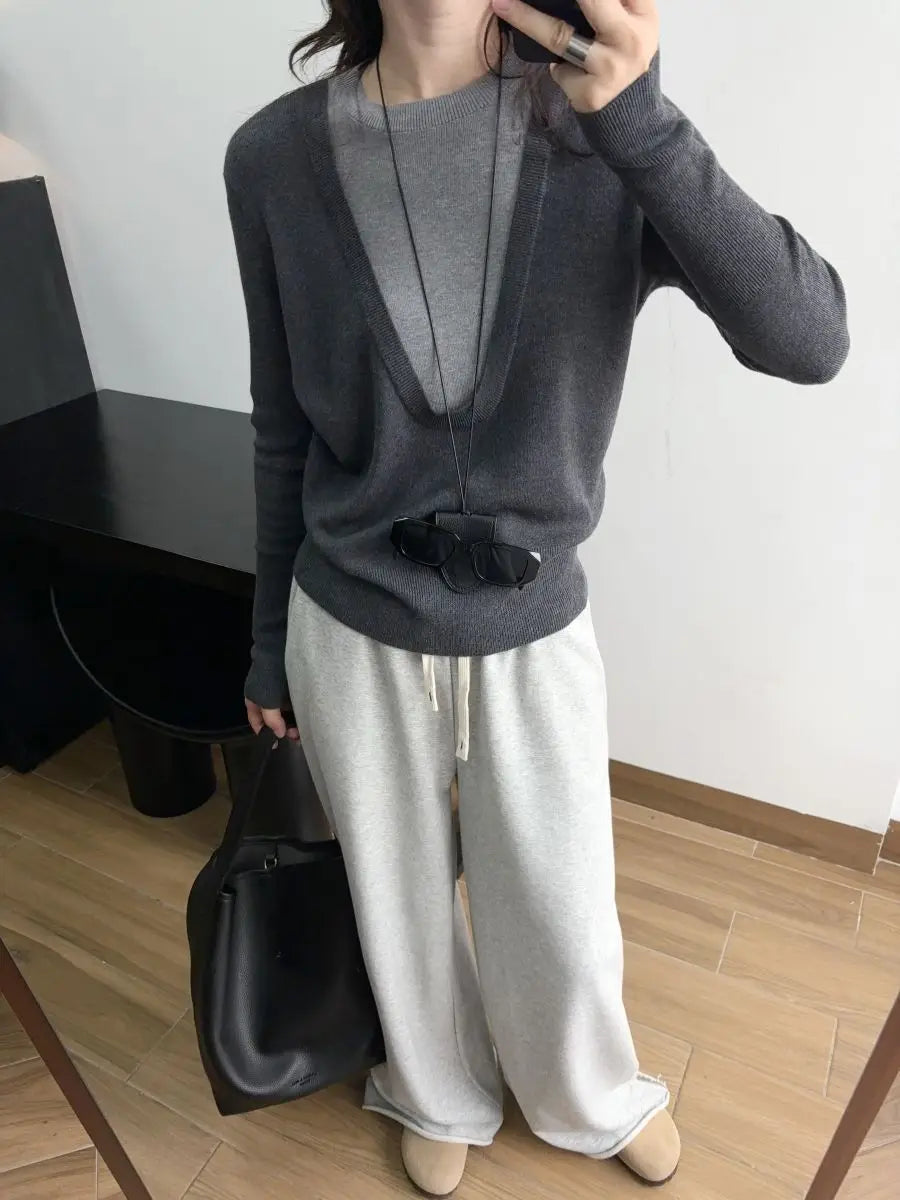 Andy Velvet Washed Large U-Neck Layered Slim Fit Knitwear Design Sensation Color Block Autumn Winter Top Polo Collar Sleeveless