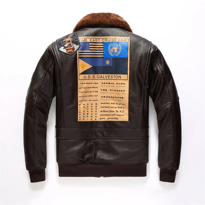Dark Brown Pilot Leather Jacket Men Retro Style Genuine Natural Thick Cowhide Wool Collar Winter Military G1 Flight Coat
