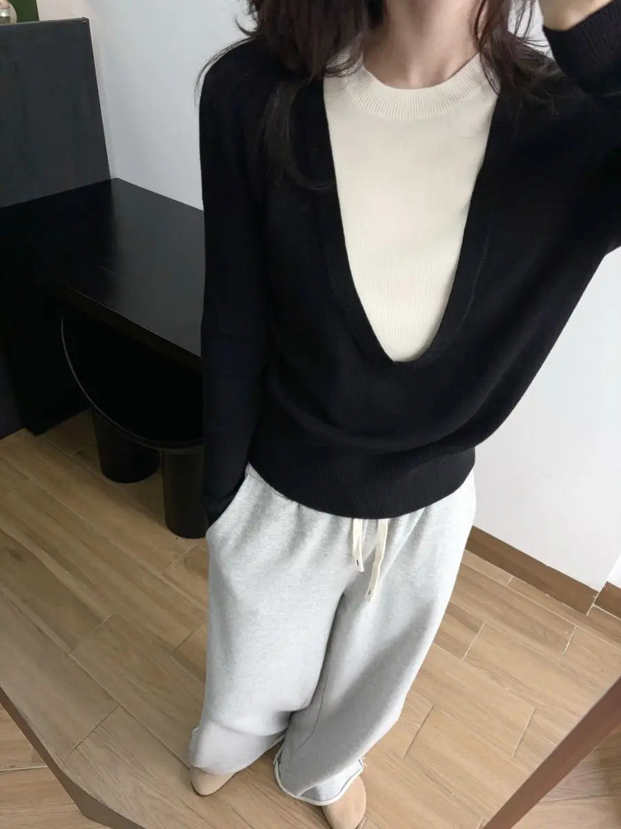 Andy Velvet Washed Large U-Neck Layered Slim Fit Knitwear Design Sensation Color Block Autumn Winter Top Polo Collar Sleeveless