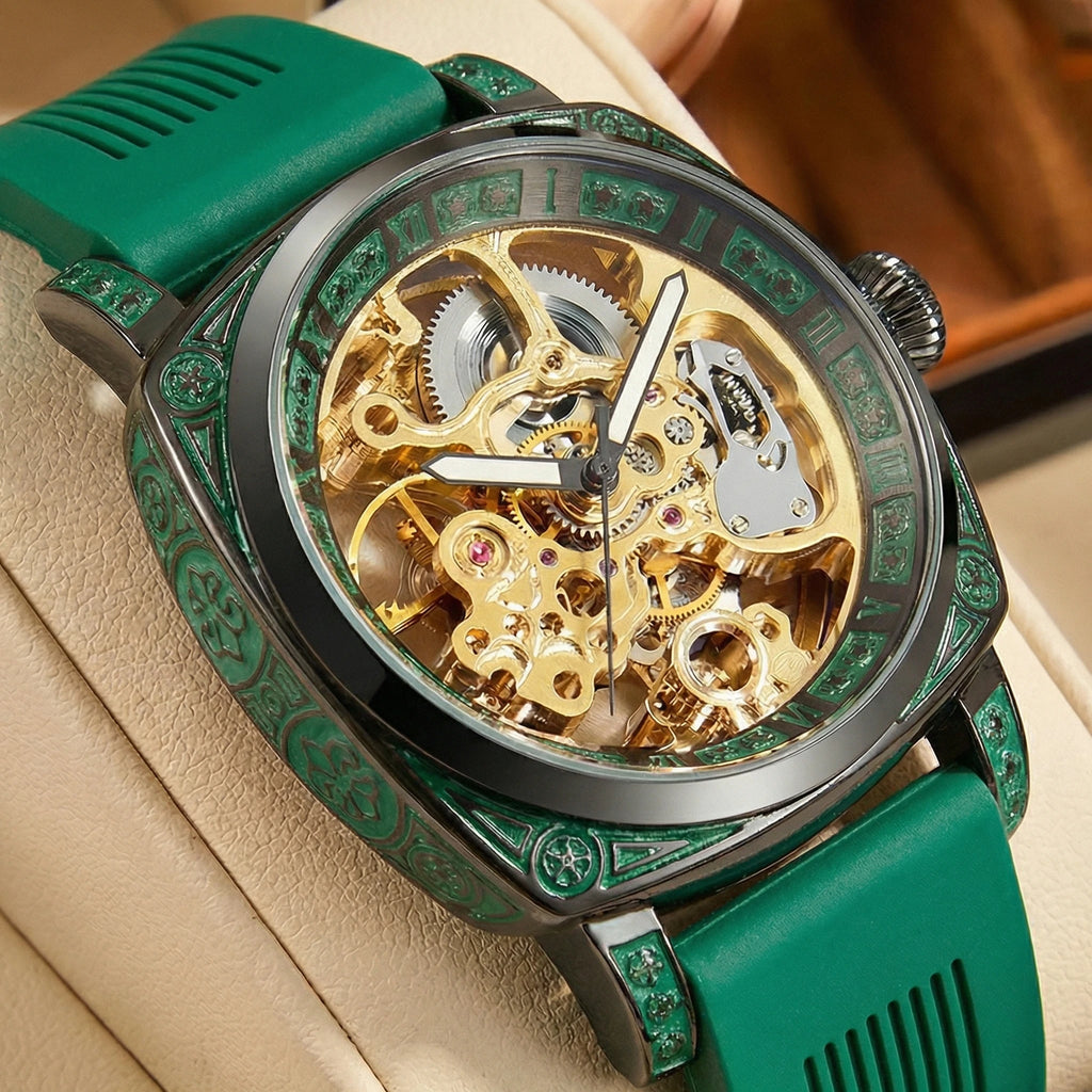 New Men's Watch with Gold Green Belt, Retro Style, Noble and Elegant Night Light Carving, Fully Automatic Mechanical Watch