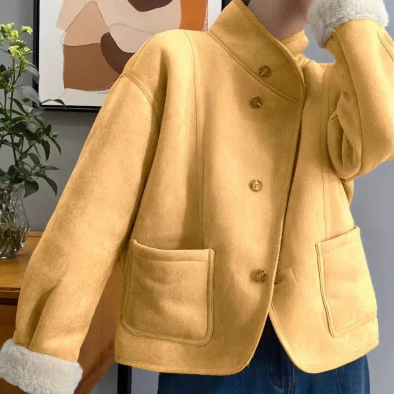 Plus Size Warm Short Outerwear Double-Sided Wear Stand Collar Lamb Fur Simulation Suede Polyester Fabric Korean Style Casual ...