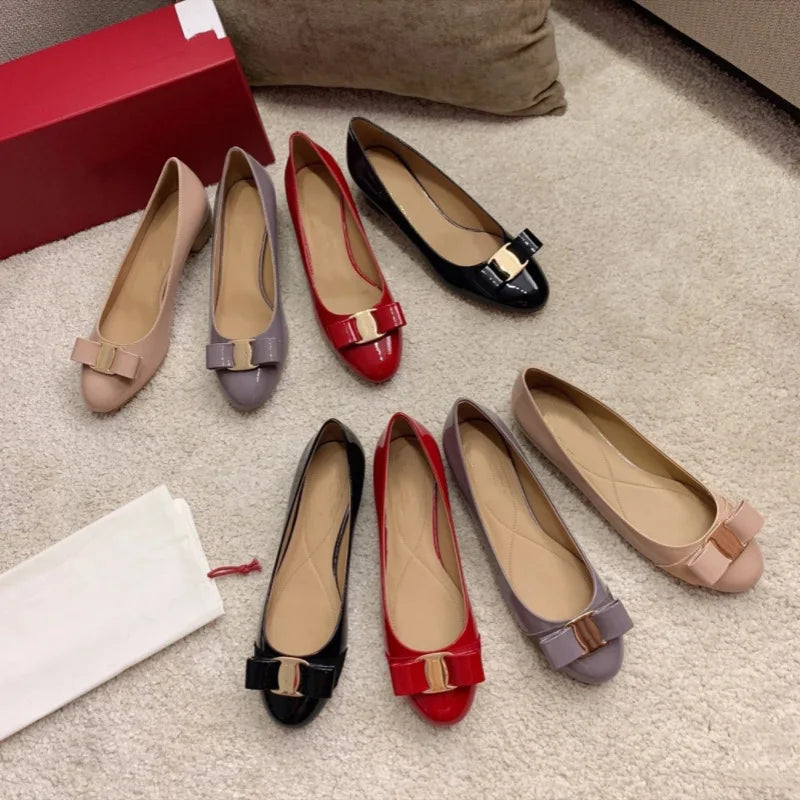 Comfortable round Toe High Version Spring New Style Red Shoes with Bow Tie Flat Heel Velvet Women Casual Shoes Ballet Flat