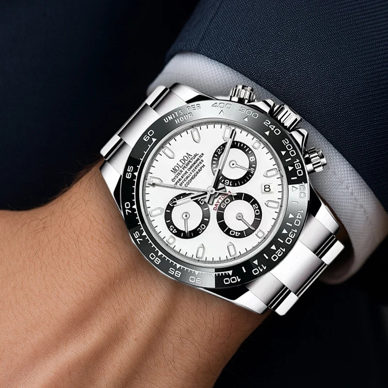 A Men's Silver Stainless Steel Trendy Multifunctional Quartz Watch with Dot and Line Display