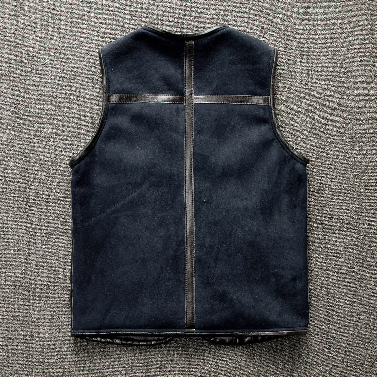 Blue Autumn Leather Vest Men Retro Style Plus Size 5XL Real Natural Sheepskin O-Neck Collar Slim Fit Shearling Sleeveless Coat