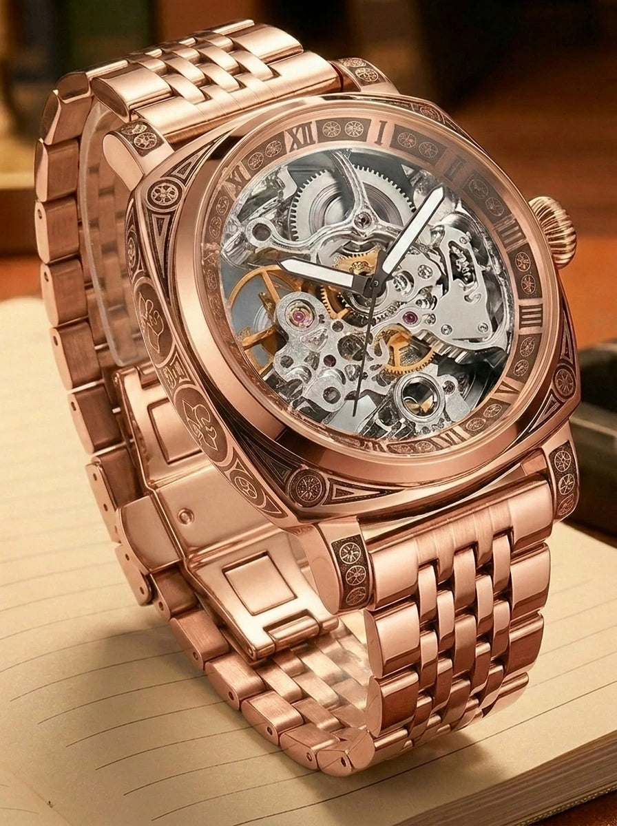 A men's fashion gentlemen's elegant pentagram rose gold and steel mechanical watch