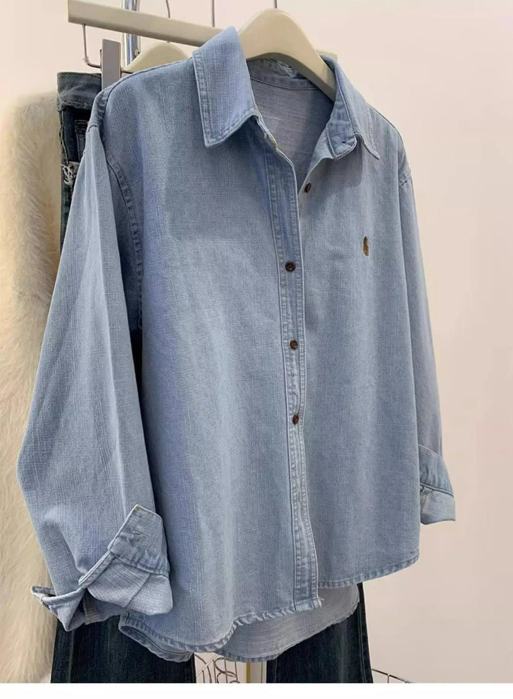 Retro Blue Shirt Women Early Spring Autumn Casual Long Sleeve Shoulder Bared Inner Wear Loose Outerwear Shirt Jacket