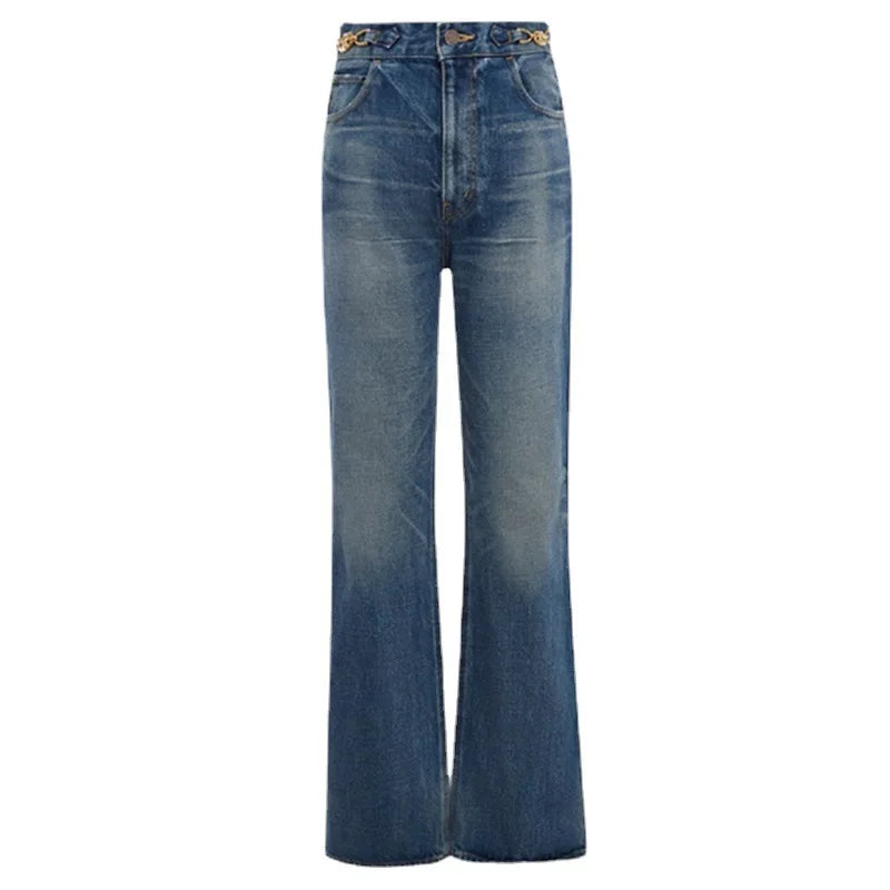 Elegant High-Waisted Slimming Jeans Trendy European And American Style Yellow Flower Cotton Chain Washing Denim Pants
