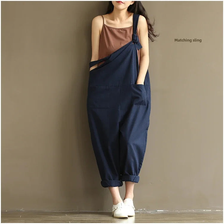 Artistic Vintage Deep Blues Cotton Strap Casual Trousers Women's 1701 European American Style