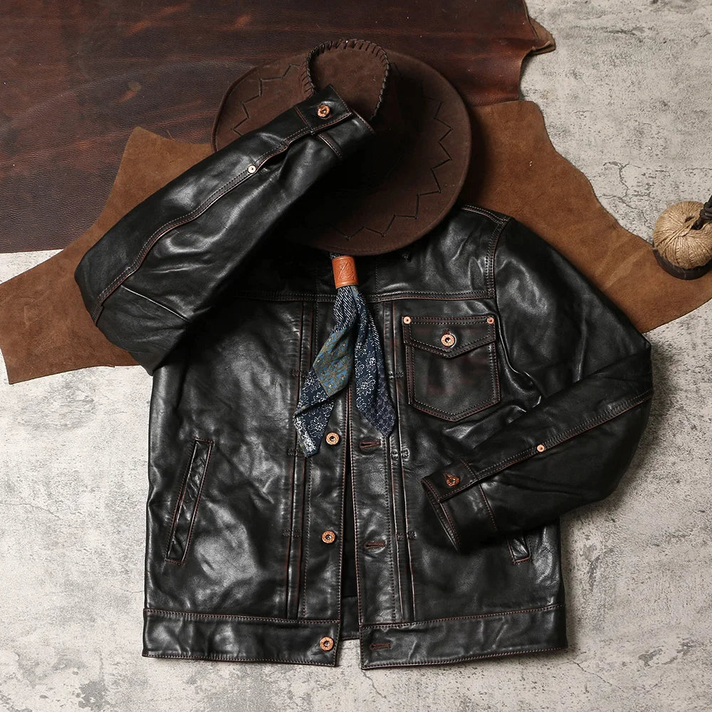 Black Autumn Leather Jacket Men Vintage Style Plus Size 5XL Genuine Natural Cowhide Turn-Down Collar Single Breasted Coat