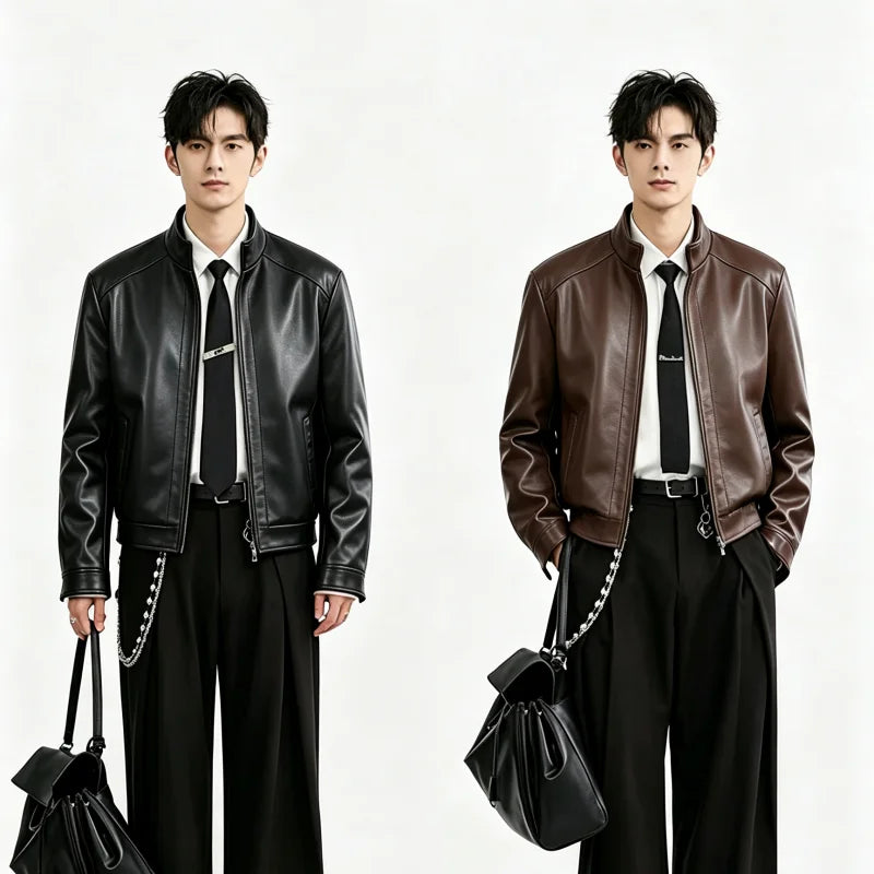 Men Spring Autumn Stand Collar Thin PU Leather Jackets Men Motorcycle Outer Coats Men Versatile Daily Casual Leather Jackets
