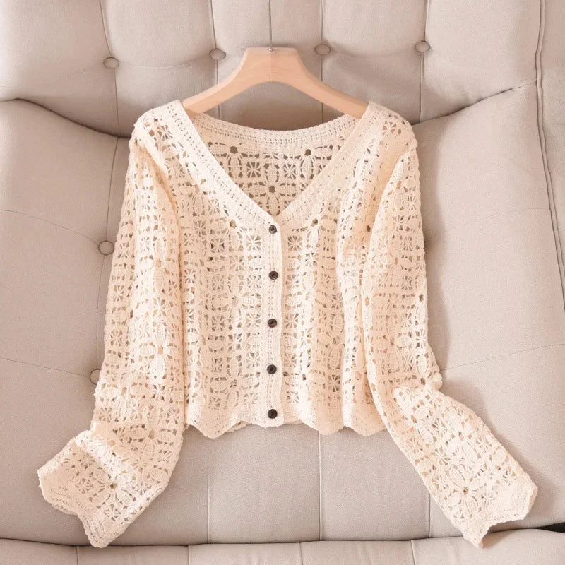 Elegant Black V-neck Long Sleeve Knitted Open Cardigan Women's Hollow out Embroidery Minimalist Versatile Item Summer Thin
