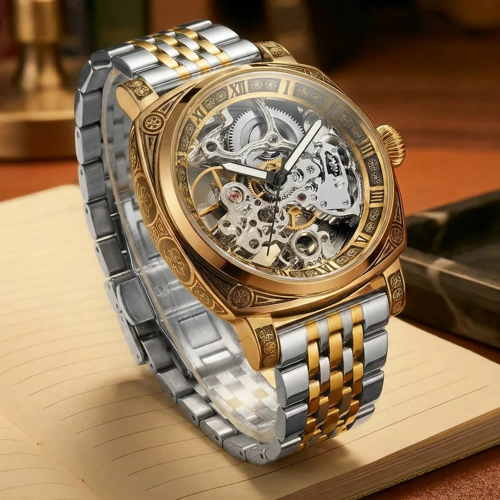 A men's fashion gentlemen's elegant pentagram rose gold and steel mechanical watch