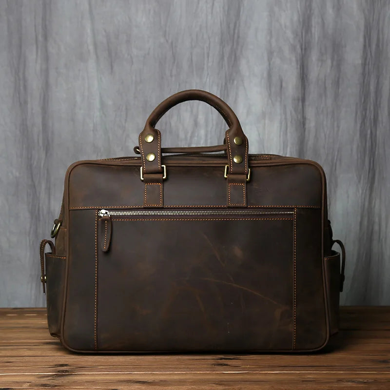 Retro Men's Leather Handbag Top Layer Cowhide Briefcase Large Capacity Travel Bag Crazy Horse Leather Laptop Shoulder Bag NZPJ