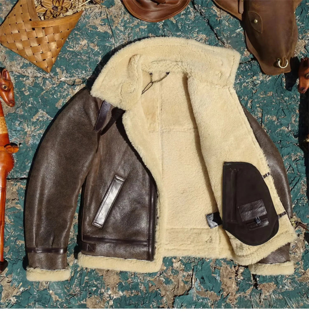 Dark Brown Winter Shearling Jacket Men Retro Style Plus Size 5XL Genuine Natural Thick Sheepskin B6 Bomber Flight Coat