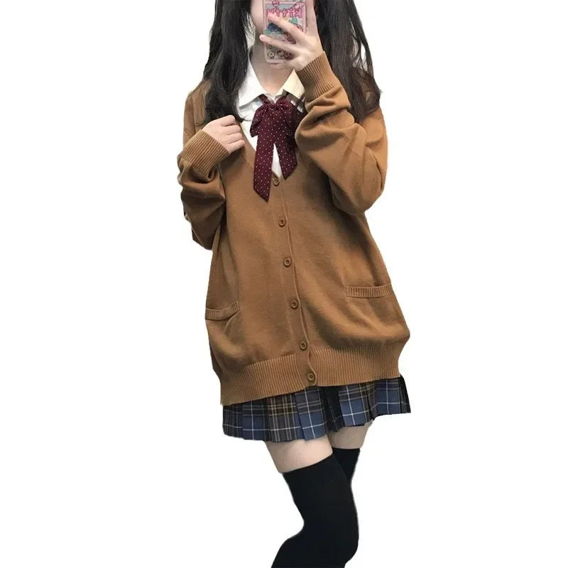 Women's Autumn/Winter Japanese Style Knitted Cardigan Sweater Preppy Style Long Sleeve Loose-Fit Top Layered Polo Collar
