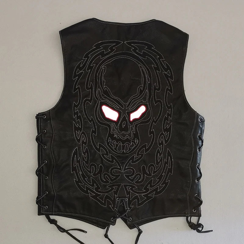 Black Four Seasons Leather Vest Men Sports Style Plus Size 5XL Genuine Natural Cowhide Single Breasted Skulls Embroidery Vest