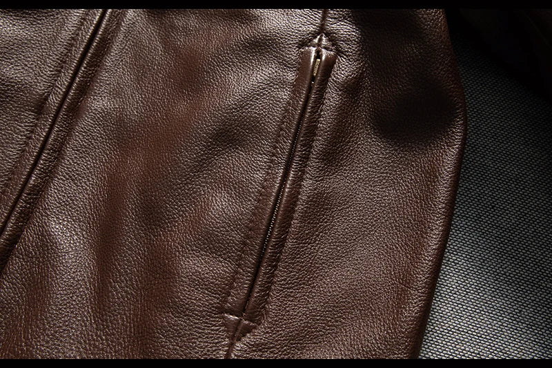 Men's Brown Leather Jacket  Vintage Flight Jacket with Stand Collar, Military Style, Front Zipper, Sleeve Pocket, Ribbed Hem