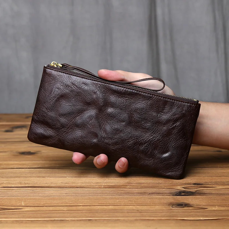 NZPJ Vintage Genuine Leather Long Wallet Top-Grain Cowhide Men's Clutch Women's Large Capacity Phone Bag